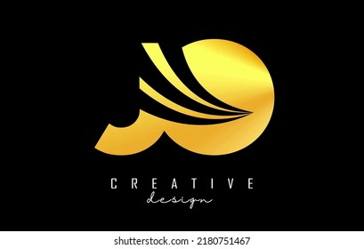Letra dorada creativa JO J o logo con líneas líderes y diseño de concepto de carreteras. Cartas con diseño geométrico. Ilustración vectorial con letra y cortes creativos.