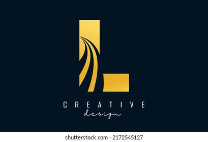Creative golden letter L logo with leading lines and road concept design. Letter L with geometric design. Vector Illustration with letter and creative cuts and lines.