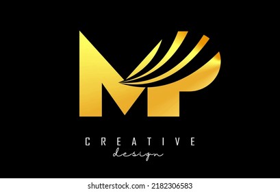 Logotipo creativo de letra dorada MP m p con líneas principales y diseño de concepto de carreteras. Cartas con diseño geométrico. Ilustración vectorial con letra y cortes creativos.