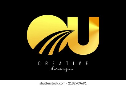 Creative golden letter Ou o u logo with leading lines and road concept design. Letters with geometric design. Vector Illustration with letter and creative cuts.