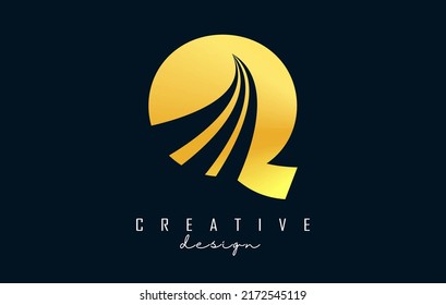 Creative golden letter Q logo with leading lines and road concept design. Letter Q with geometric design. Vector Illustration with letter and creative cuts and lines.