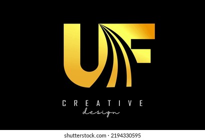 Letras doradas creativas Uf u f logo con líneas líderes y diseño de concepto de carreteras. Cartas con diseño geométrico. Ilustración vectorial con letra y cortes creativos.