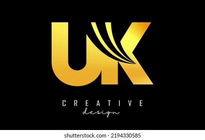 Kreative goldene Buchstaben UK u k Logo mit führenden Linien und Straßenkonzept Design. Buchstaben mit geometrischem Design. Vektorgrafik mit Buchstaben und kreativen Schnitten.