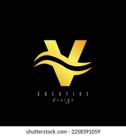 Creative golden letter V logo with leading lines and road concept design. Letters with geometric design. Vector Illustration with letter and creative
