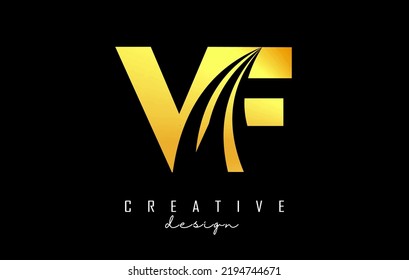 Letras creativas de oro, logotipo VF v f con líneas líderes y diseño de concepto de carreteras. Cartas con diseño geométrico. Ilustración vectorial con letra y cortes creativos.