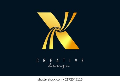 Kreatives Logo mit goldenem Buchstaben X mit führenden Linien und Straßenkonzeption. Buchstabe X mit geometrischem Design. Vektorgrafik mit Buchstaben und kreativen Schnitten und Linien.