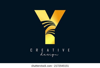Creative golden letter Y logo with leading lines and road concept design. Letter Y with geometric design. Vector Illustration with letter and creative cuts and lines.