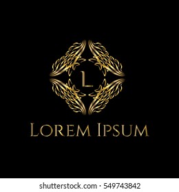 Creative golden Luxury Letter Logo. A letter monogram for boutique, restaurant, hotel, fashion store (sign, symbol, icon, label, emblem). Wings golden frame. Angel wings  illustration
