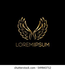 Creative golden Luxury  Logo. A monogram for boutique, restaurant, hotel, fashion store (sign, symbol, icon, label, emblem). Wings golden frame. Angel wings  illustration