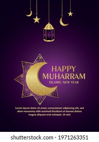 Creative golden pattern moon of happy muharram celebration party poster on purple background