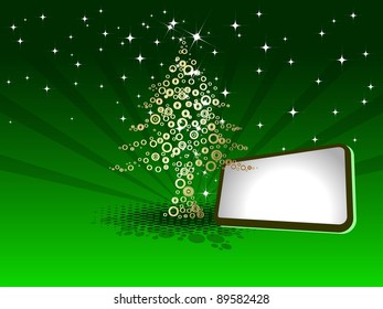 Creative golden with shiny Christmas tree on green rays background with blank text board for Christmas & other occasions.