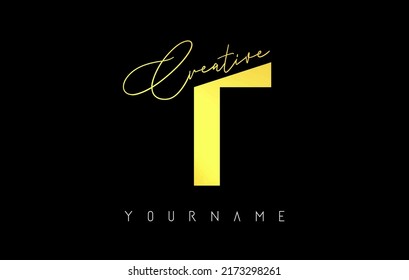 Creative golden T logo with cuts and handwritten text concept design. Letter with geometric design. Vector Illustration with letter and creative cut.