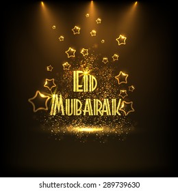 Kreativer goldener Text Eid Mubarak leuchtend im Rampenlicht auf Sternen verziert braunen Hintergrund für muslimische Community Festival, Eid Mubarak Feier. 