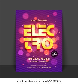 Creative golden text electro on shiny abstract circles background. Glowing Flyer, Template or Banner design for Music Party celebration.