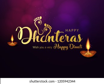 Creative Golden Text for Happy Dhanteras on Traditional Background. Maa Lakshmi Footprints.