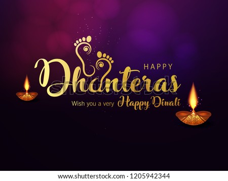 Creative Golden Text for Happy Dhanteras on Traditional Background. Maa Lakshmi Footprints.