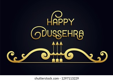 Creative golden text Happy Dussehra with bow and arrow. The inscription can be used poster, banner, flyer for the design of the Indian festival. Vector illustration of navy blue background