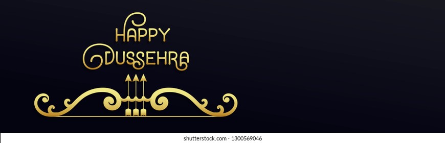 Creative golden text Happy Dussehra with bow and arrow. Horizontal web banner. Inscription poster, flyer, design card of the Indian festival. Vector illustration of navy blue background for website.
