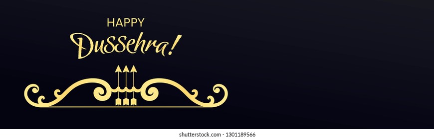 Creative golden text Happy Dussehra with bow and arrow. Horizontal web banner. Inscription poster, flyer, design card of the Indian festival. Vector illustration of navy blue background for website.