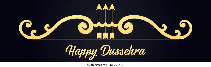 Creative golden text Happy Dussehra with bow and arrow. Horizontal web banner. Inscription poster, flyer, design card of the Indian festival. Vector illustration of navy blue background for website.