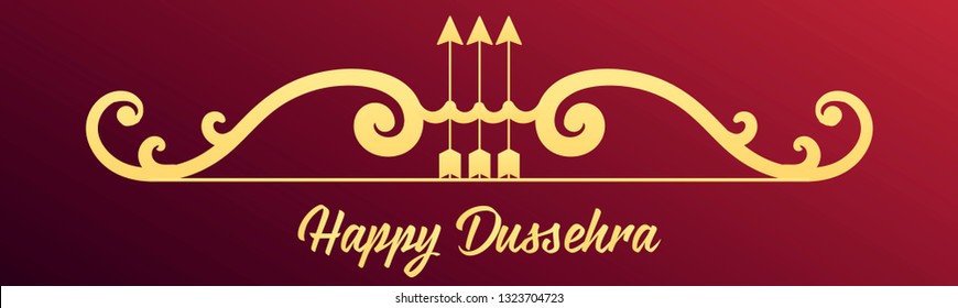 Creative golden text Happy Dussehra with gold bow and arrow. Horizontal web banner. Inscription poster, flyer, design card of the Indian festival. Vector illustration of navy red background website.