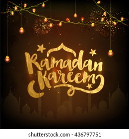 Creative Golden Text Ramadan Kareem on illuminated lights, mosque and fireworks background, Elegant greeting card design for Islamic Holy Month of Prayers celebration.