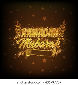 Creative Golden Text Ramadan Mubarak with Blank Ribbon on stars decorated brown background, Elegant greeting card design for Islamic Holy Month of Prayer celebration.