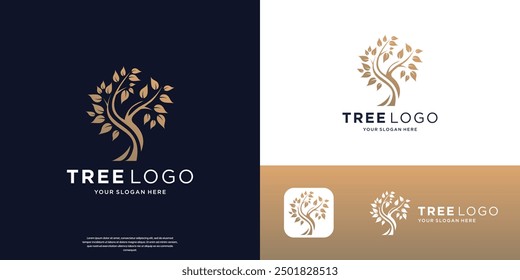 creative golden tree logo inspiration, nature plant tree symbol element.