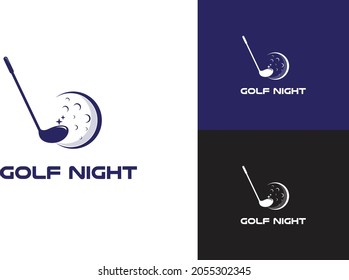 Creative golf logo design combines golf club and golf ball like full moon surface.