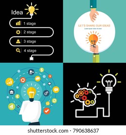 Creative good idea concept with light bulbs. Vector graphic design illustration