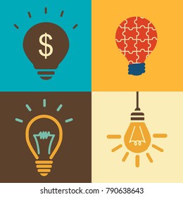 Creative good idea concept with light bulbs. Vector graphic design illustration