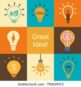 Creative good idea concept with light bulbs. Vector graphic design illustration