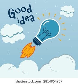 Creative Good Idea Rocket Light Bulb Vector Illustration – Startup Innovation, Business Success, Creative Thinking, Brainstorming Concept in Flat Design