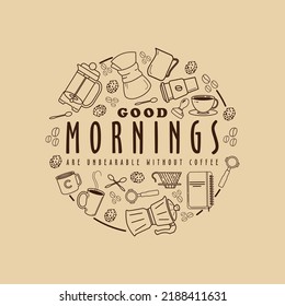 Creative good morning lettering in the middle surrounded by coffee tool monoline illustration