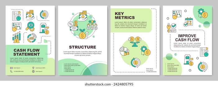 Creative gradient cash flow brochure template, leaflet design with thin linear icons, 4 vector layouts.