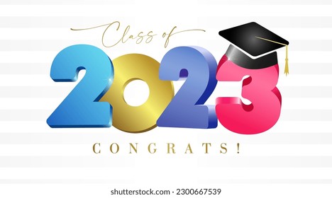 Creative graduating icon 2023. Graduation banner template. Number logo 20 23. Scientific annual awards concept. Modern colorful and golden design. Class of 2023 congrats. Isolated elements.