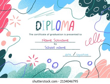 Creative graduation diploma template with abstract elements. Kindergarten and school childrens certificate design with geometric shapes. Graduating document, paper. Colored flat vector illustration