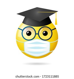 Creative graduation greeting card. Isolated abstract graphic web design template. State of Emergency, Social Distancing 3D sign. SARS 19 pandemic symbol. Funny messenger icon, glasses and academic hat