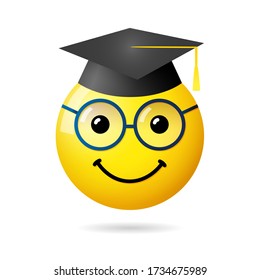 Creative graduation icon. Class Off logotype. Isolated abstract graphic web design template. White paper sticker, smile sign with glasses. Cute 3D symbol. Internet messenger emblem with academic hat.