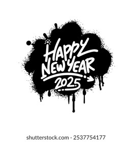 Creative graffiti style design celebrating the arrival of New Year 2025 with bold lettering and splashes of paint