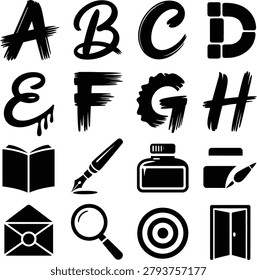 Creative graffitistyle alphabet letters and educational icons showcasing books pens ink and more perfect for designs
