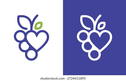 Ilustración creativa de la Plantilla del diseño del logotipo de los amantes de la fruta de la uva. Uva con el diseño del amor del corazón, símbolo del icono del Vector.