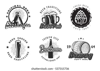 Creative graphic beer logo set. Vector illustration with alcohol label designed to advertising beverage, brewery, bur, pub or restaurant menu.