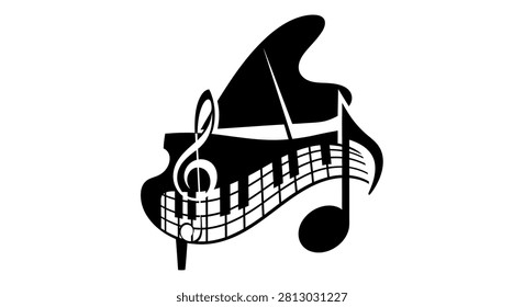 Creative graphic combining a piano profile with a treble clef and staff, perfect for music schools, piano lessons, or jazz club branding.