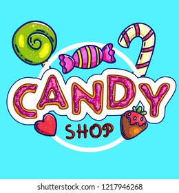 Creative graphic design of candy shop label on bright blue background