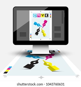 Creative Graphic Design with CMYK Print Document and DTP Program on Computer Screen