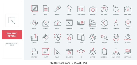 Creative graphic design, digital project creation line icons set. Options and settings, cloud program editing tools to customize art process thin black and red outline symbols vector illustration