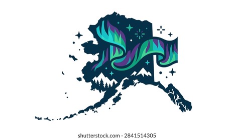 A creative graphic design featuring the map silhouette of Alaska filled with a vibrant aurora borealis sky and mountain peaks on a white background