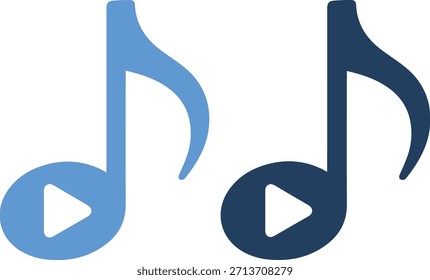 Ein kreatives Grafikdesign mit Noten mit integrierten Wiedergabetasten, die in verschiedenen Blautönen wiedergegeben werden und auf einem dunkelweißen Hintergrund stehen, der die Verschmelzung von Musik und Wiedergabe symbolisiert