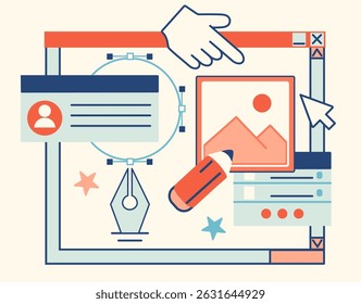 Creative graphic design interface with shapes, and editing features. Digital design concept, layout planning, user interface creation, or creative app for drawing